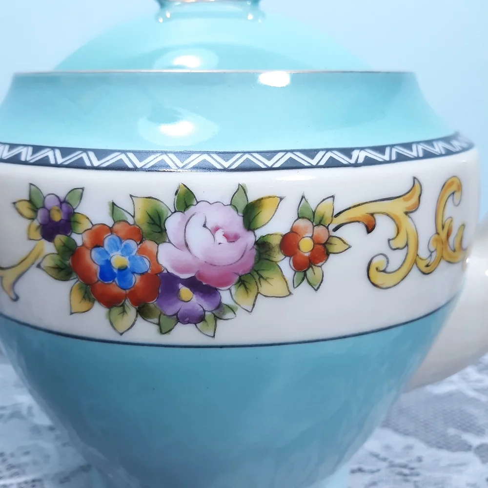 Antique Ca 1920 Noritake Teapot Turquoise Blue Floral Roses White Gold Vintage